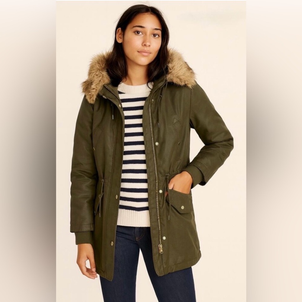 J. Crew Olive Green Perfect Parka Utility Jacket with Faux Fur Hood Sz. 2X